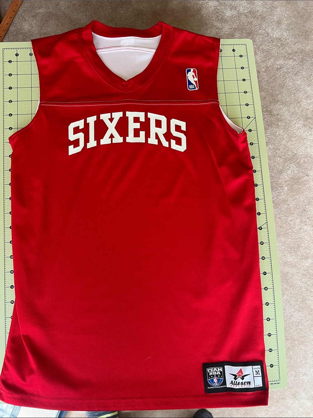 NBA Sixers White Basketball Jersey with Red and Blue Trim